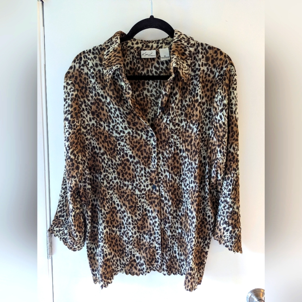 Kim Rogers leopard print, long sleeve, button down, sheer blouse. Size XL